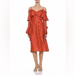 Banana Republic X Olivia Palermo satin ruffled off the shoulder dress